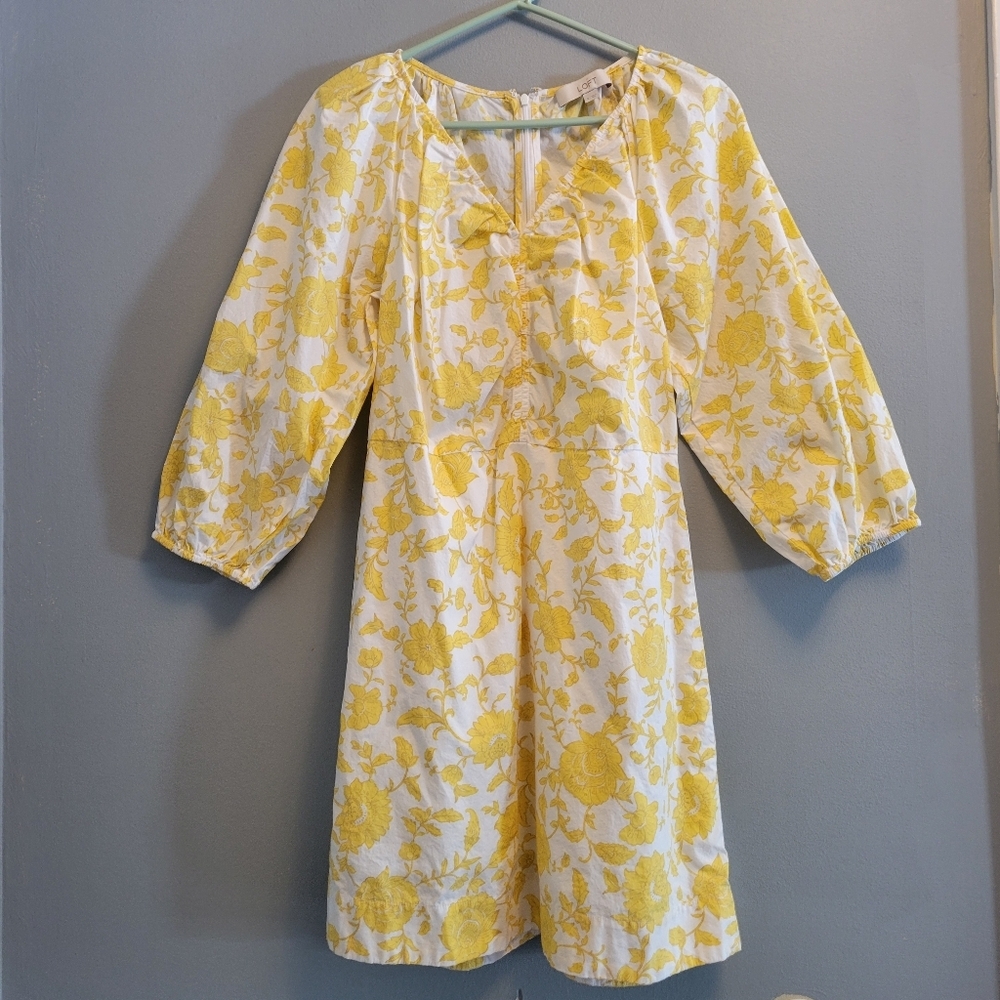 LOFT Yellow Floral Poplin Mini Dress Shirred Cotton Cottagecore Women’s 8 Summer - Picture 5 of 9